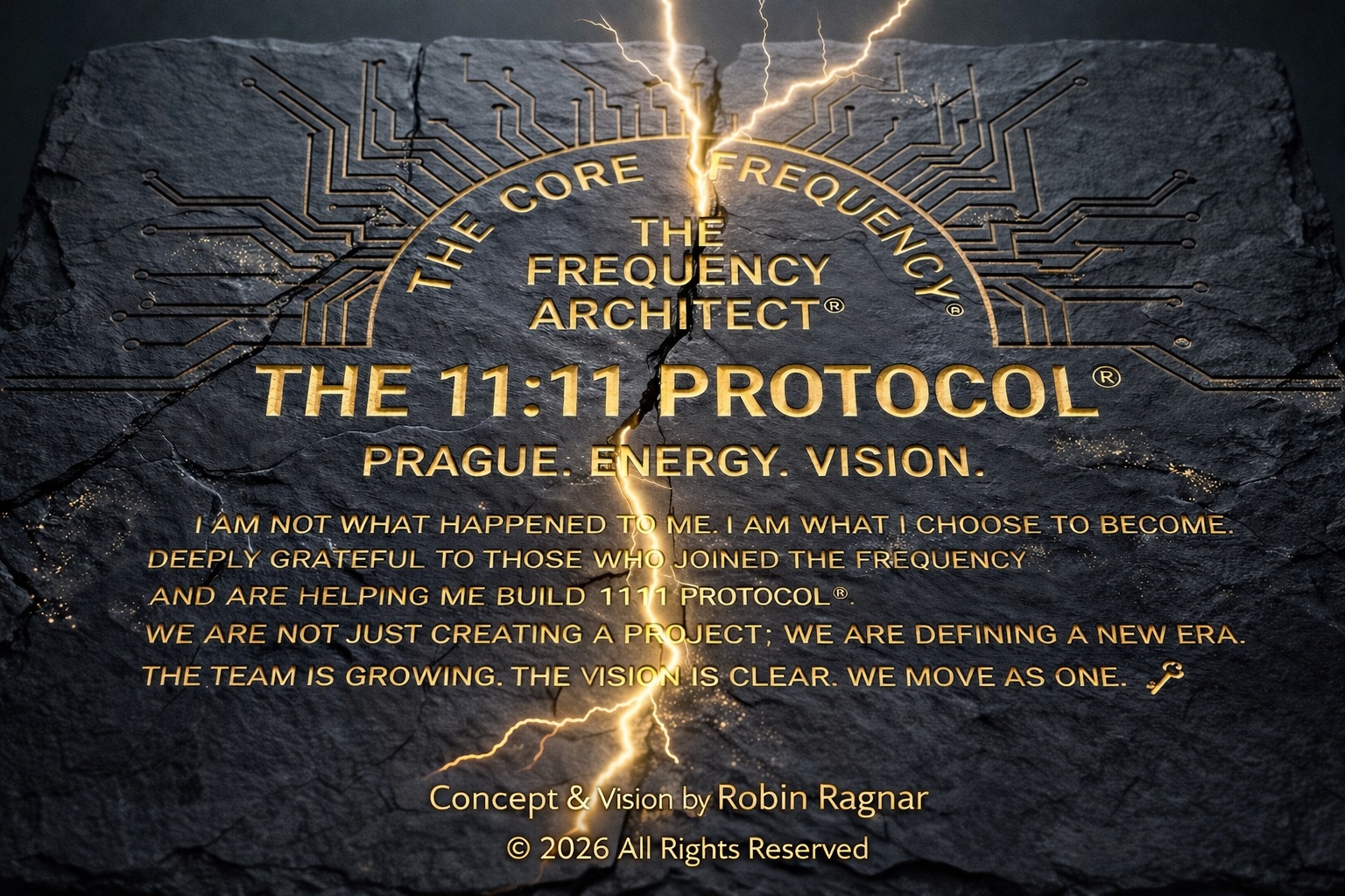 Gold engraved slate tablet split by lightning: The Core Frequency — The Frequency Architect® — The 11:11 Protocol®. Prague. Energy. Vision. I am not what happened to me. I am what I choose to become.
